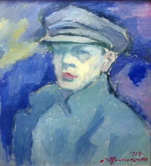 Jalmari Ruokokosken maalaus, hattupäinen mies takki päällä, taiteilijan omakuva