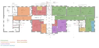 Pohjapiirros, johon eri väreillä merkitty museoiden tilojen käyttötarkoitus