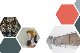 Kuusikulmion muotoisia värikkäitä muotoja, sekä saman muotoisia kuvia taideteoksista