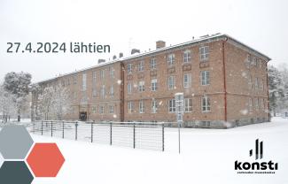 Talvine kuva suuresta punatiilisestä rakennuksesta ja kuvan päälle on liitetty teksti 27.4.2024 lähtien sekä logo jossa teksti Konsti Varkauden museokeskus