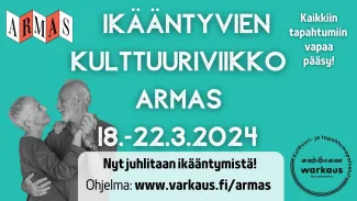 Ikääntyvien kulttuuriviikko, kuvassa kaksi henkilöä tanssimassa ja tekstiä.