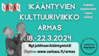 Ikääntyvien kulttuuriviikko, kuvassa kaksi henkilöä tanssimassa ja tekstiä.