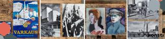 neljän kuvan kollaasi joissa erilaisia postikortteja teollisuushistoriasta taideteoksiin.
