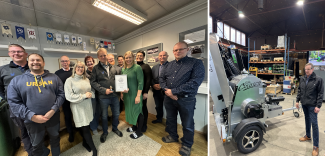 Kuvakollaasi yritysvierailuilta. Vasemmalla ryhmäkuva, jossa useita ihmisiä seisoo sisätiloissa Vuoden yritys -kunniakirjan kanssa; taustalla näkyy lippuja ja valokuvia. Oikealla teollisuushallissa otettu kuva, jossa mies seisoo metallisen Bilke Cruiser -laitteen vieressä; ympärillä näkyy hyllyjä ja koneita.