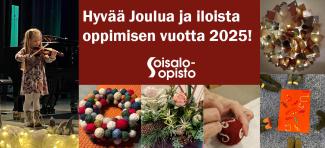 Hyvää Joulua ja iloista oppimisen vuotta 2025! -kortti. Kuvissa pieni viulun soittaja ja kuvia jouluisilta kursseilta.