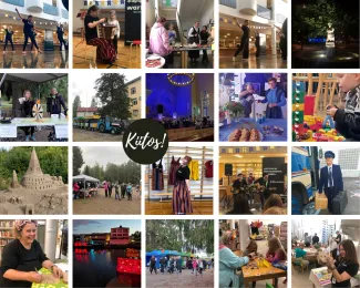 Kuvakollaasi, jossa pieniä kuvakkeita ihmisistä tapahtumissa. Kuvien päällä ympyrässä teksti: Kiitos!