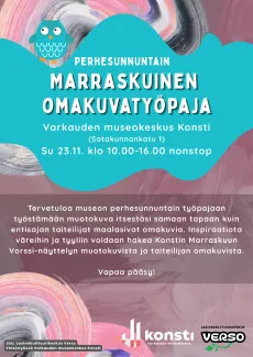 kuvassa on konstin marraskuisen omakuvatyöpajan mainos 23.11.2025 klo 10-16 järjesräjänä lastenkulttuurikeskus verso.