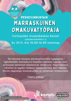 kuvassa on konstin marraskuisen omakuvatyöpajan mainos 23.11.2025 klo 10-16 järjesräjänä lastenkulttuurikeskus verso.