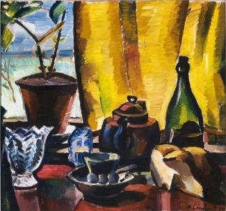 Kuvassa on maalattu asetelma.