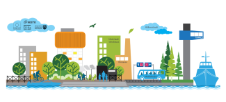 Ikonikuva Varkauden ilmastotyöstä. Kuvassa kaupunkimaisemaa ja keskeisiä maamerkkejä