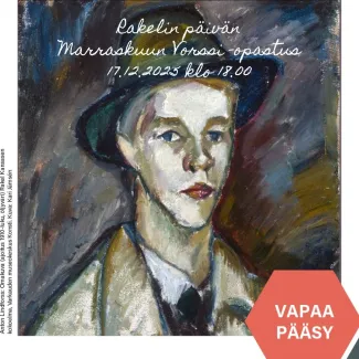 Kuvassa on Anton Lindforssin maalaama omakuva, jossa hänellä on yllään puku ja lierillinen hattu Rakelin päivän taideopastus 17.12.2025 klo 18 Vapaa pääsy Konsti on esteetön.