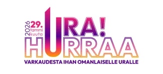 Hurraa Ura! -tapahtuman logo, jossa tekstit Hurraa Ura, päivämäärä ja slogan "Varkaudesta ihan omanlaiselle uralle"