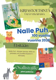 Mainosjuliste Nalle Puh -kirjastoetsintään Varkauden kirjastossa