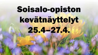 Soisalo-opiston kevätnäyttelyt 25.-27.4. Taustalla keväisiä kukkia.