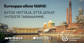 Yrittäjänpäivän kuvituskuva, tehtaan massatornit ja voimakanava.