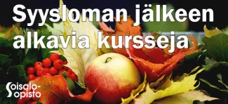 Syysloman jälkeen alkavia kursseja, taustalla värikkäitä syksyn lehtiä, omena ja pihlajan marjoja